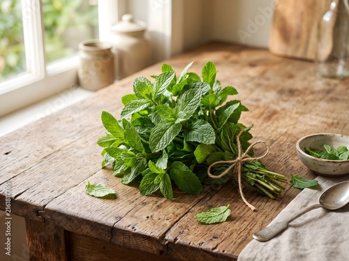 fresh herbs on a wooden table