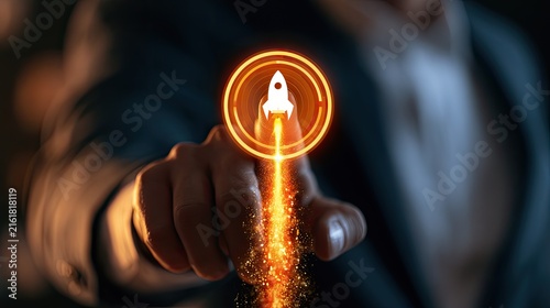 Finger touches glowing rocket icon, symbolizing launch, success, and ambition