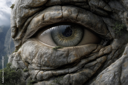 Surreal human eye embedded in rugged mountain cliff surface, stone eyelids texture, conceptual nature art composition