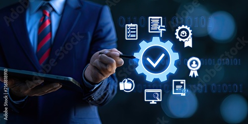 Businessman uses digital interface for quality control and compliance