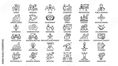Leadership icons organized neatly within a grid illustrating corporate strategy and management.