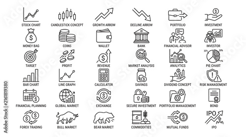 Financial icon set features stock market and investment symbols on a white background.