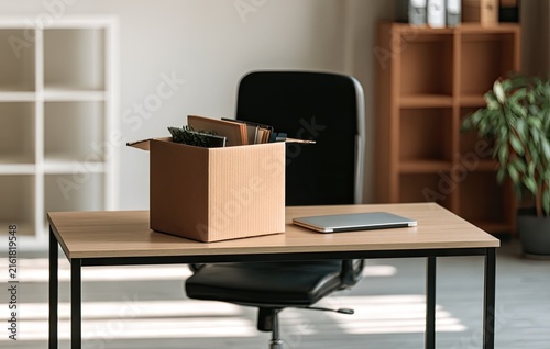 Cardboard box with personal items on a desk in an empty office