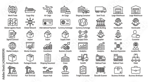 Logistics icons representing global shipping, trade, cargo transport, and business supply chain management.