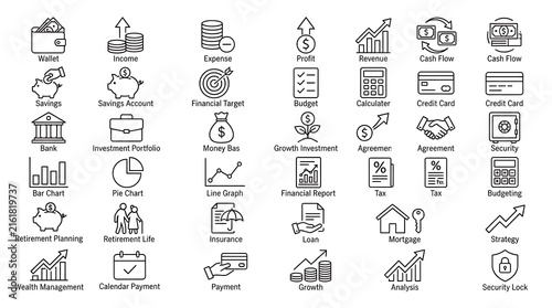 Financial symbols collection showing fiscal planning accounting transactions and monetary assets.