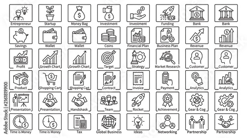 Framed business line icon collection displaying various financial and management symbols.