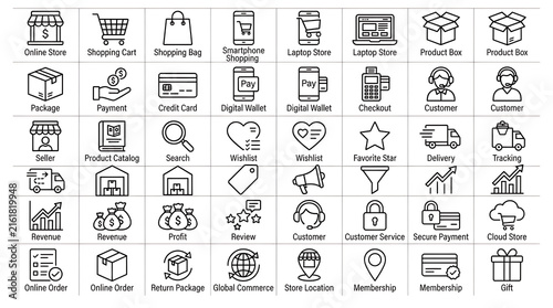 Shopping icons set featuring online retail store checkout cart package delivery payment and global commerce outline symbols.