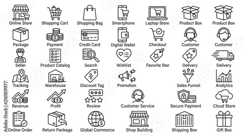 Shopping outline icon collection displays various retail symbols with descriptive text labels for web design.