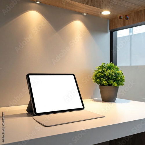 Digital tablet with blank white screen on desk with small potted plant, warm lighting for workspace mockup