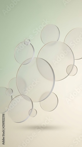 Overlapping translucent frosted acrylic discs on sage and cream gradient