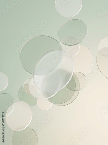 Overlapping translucent frosted acrylic discs on sage and cream gradient