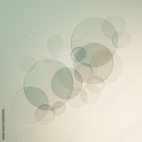 Overlapping translucent frosted acrylic discs on sage and cream gradient