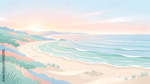 Flat vector illustration of coastal waves at soft morning light