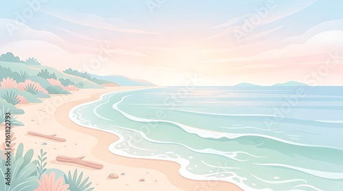 Flat vector illustration of coastal waves at soft morning light