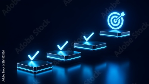3D glowing blue checkmarks on rising stairs leading to a target arrow representing business goals success and step by step progress