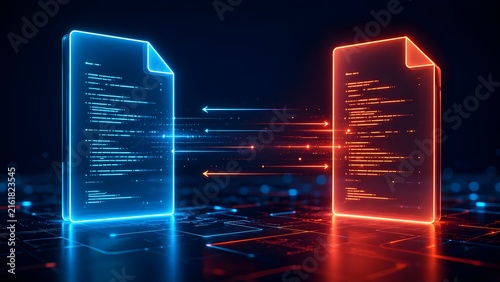 Glowing digital documents exchanging data with luminous light trails representing fast file transfer and secure information migration