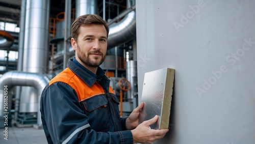 Male industrial worker holding a metallic insulation panel. Professional technician showing thermal insulation material at a factory plant