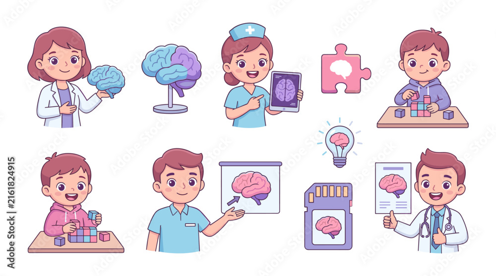 Fototapeta premium Set of medical professionals and children with brain anatomy icons, neurology research, mental health awareness, education, brain development
