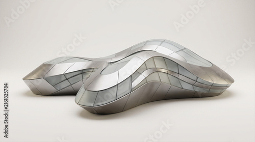 Flowing parametric architectural structure with brushed titanium panels and frosted glass isolated on clean light background for modern design minimal backdrop