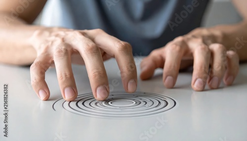 Close-up of a person's hands hovering over a circular pattern, symbolizing interaction with technology, gaming, or a puzzle.