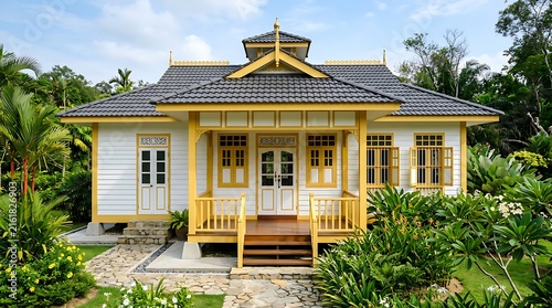 Traditional Malay House with Elegant Yellow and White Trim Surrounded by a Lush Tropical Garden Path