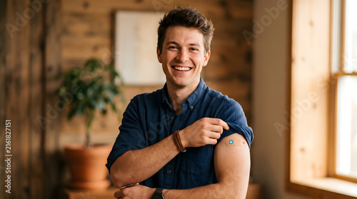 Smiling young man showing adhesive bandage on his upper arm after getting vaccinated or receiving a shot at a healthcare clinic office.