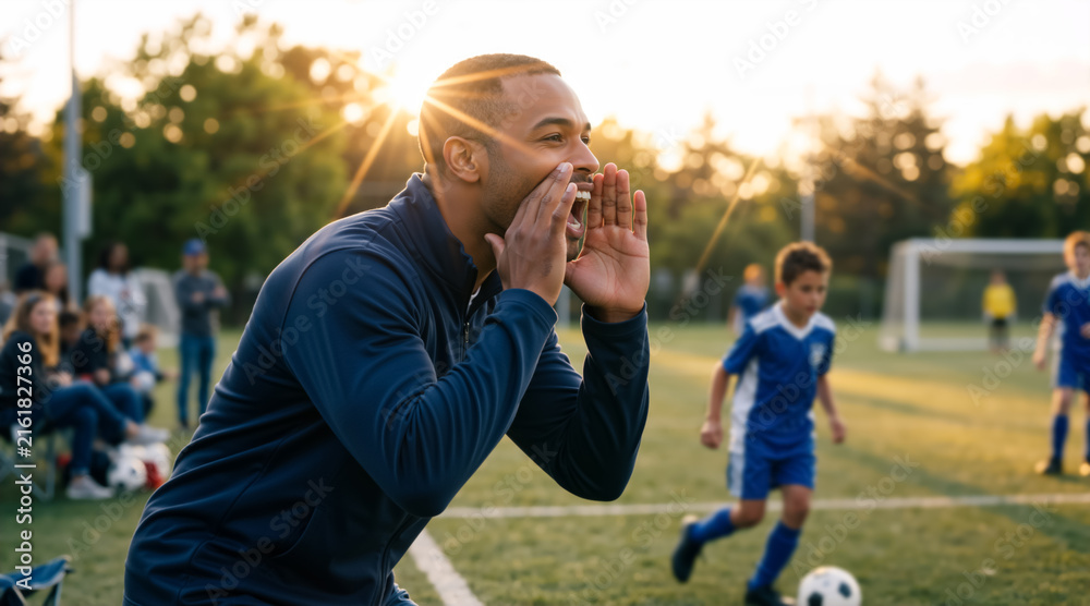 Fototapeta premium Black male soccer coach shouting instructions from the sideline. African American man directing youth team during match at sunset