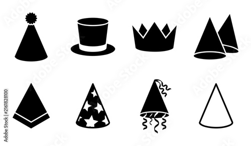 Party hat icon set collection of birthday celebration and festival headwear silhouettes.