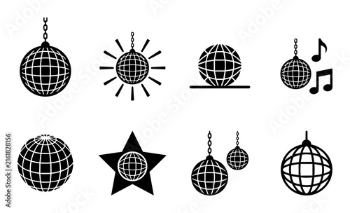 Set of black and white disco ball icons for party and dance club designs.