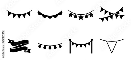 Set of black silhouette party bunting garlands and ribbon banners on white background.