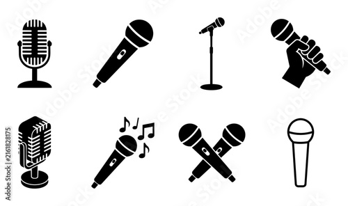 Set of black and white microphone icons and silhouettes for music and audio concepts.