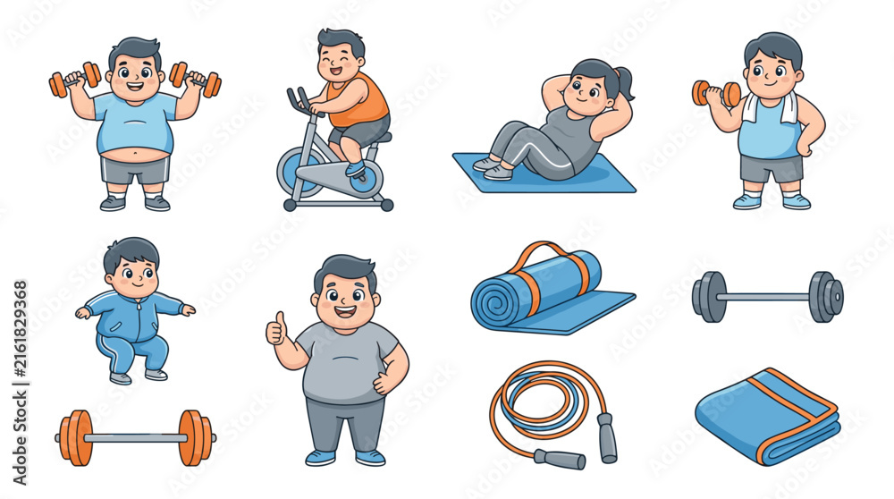 Fototapeta premium Set of overweight characters exercising with fitness equipment and gym accessories, healthy lifestyle transformation, weight loss routine, active