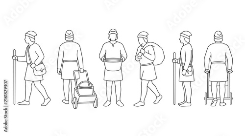 Set of medieval people silhouettes with historical clothing and gear, flat line vector icons for historical research, reenactment, cultural projects