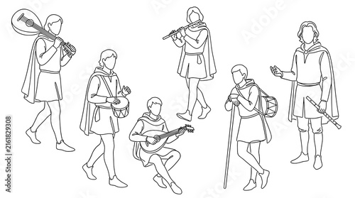 Set of isolated medieval people line drawings featuring historical characters in classic costumes, fantasy roleplay elements, historical
