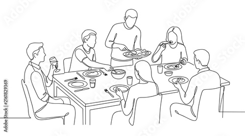 Group of people sitting around a dining table sharing a meal together, line art sketch illustrating social interaction, dinner gathering, family
