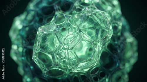 Bioluminescent cellular structure glowing with emerald geometric translucent patterns biotechnology deep tech medicine science research background