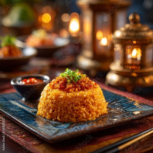 A serving of golden fried rice topped with herbs, presented on a decorative blue textured plate with a side of chili sauce, set on a dark wooden table with warm ambient candle lighting.