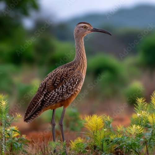 A side profile close-up of a brown, speckled wading bird standing among lush green plants and yellow foliage in a natural outdoor habitat.