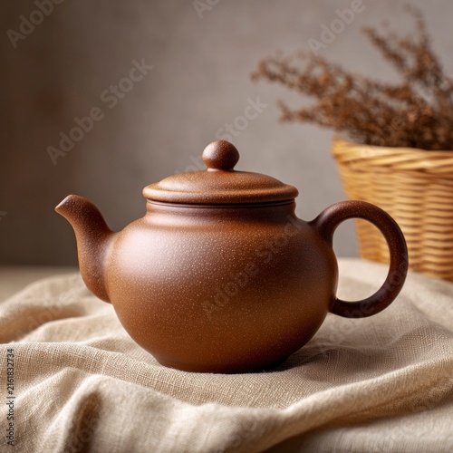 A side view of a brown textured clay teapot sitting on a light beige linen cloth, with a blurred woven basket containing dried foliage in the background.