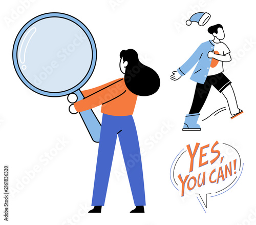 Bild auf Leinwand Woman holding a magnifying glass looking at a person transforming into a better version vector illustration