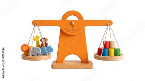 Wooden balance scale with colorful animal toys on one side and blocks on the other PNG Isolated on transparent background