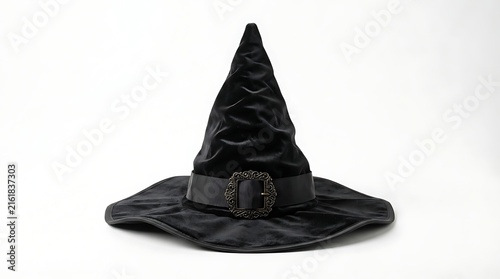 A Mysterious Witch Hat: A classic black witch hat, crafted from velvet and adorned with a decorative buckle, stands as a symbol of Halloween magic and enchantment.