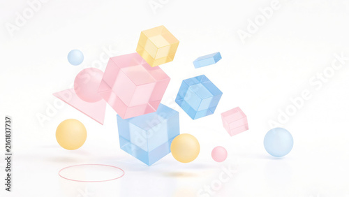 Abstract geometric 3d shapes floating, pastel translucent cubes and spheres creating a modern soft background