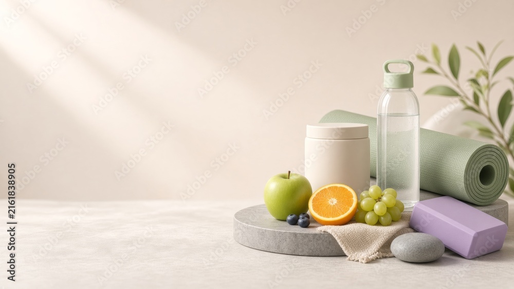 Fototapeta premium Wellness and fitness essentials with fresh fruits, water bottle, yoga mat, and protein powder for healthy living