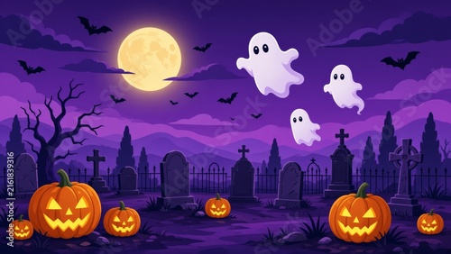 Halloween night with glowing jack o' lanterns, flying ghosts, and bats in a spooky graveyard under a full moon