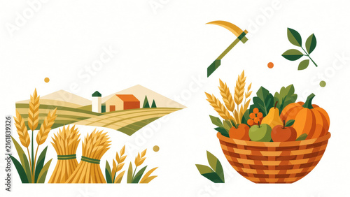 Rural farm landscape with wheat fields, harvest bundles, and a basket overflowing with autumn fruits and vegetables