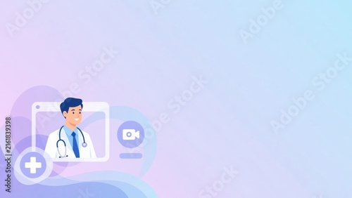 Doctor appearing on screen, offering medical advice remotely, with icons for video and healthcare
