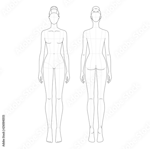 Two female fashion body croquis in front plus back standing views with dashed proportion guides, bun hairstyle. Ideal for apparel sketching, garment flats, clothing mockups or technical illustration