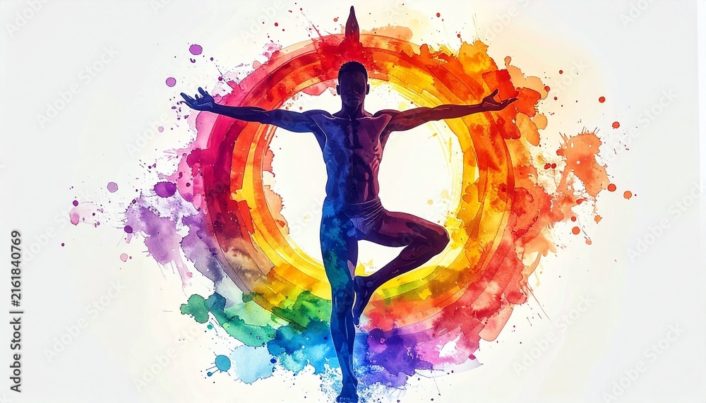 Fototapeta premium Spiritual yoga pose with rainbow watercolor abstract background