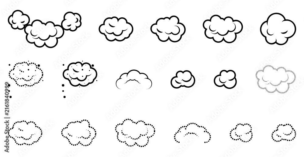 Obraz premium Set of seventeen cloud puff icons mixing bold outlines, stipple fills with dotted mist silhouettes. Ready for fragrance branding, deodorant packaging, steam graphics or airy hygiene interfaces